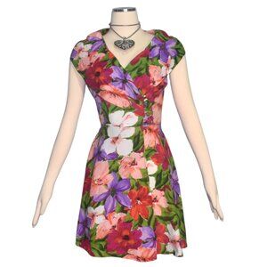 Vintage 80s Rayon wrap Mini Dress Collar Floral Print La Belle S